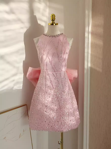 A line Scoop Pink Sequin Travel Vacation Dress Short Birthday Dress SD128